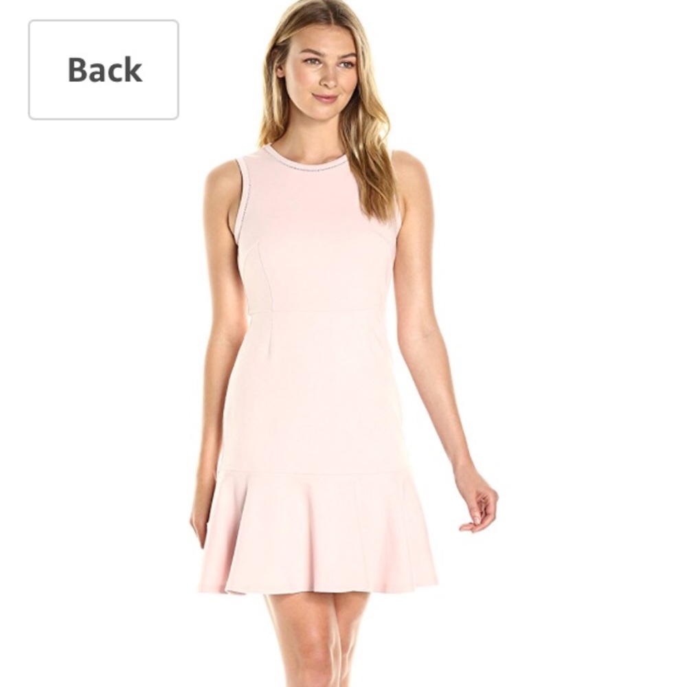 Pink, fitted dress with flared hem